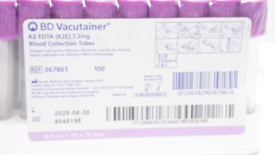 BD 367861 Vacutainer K2 EDTA 7.2mg Blood Collection Tubes 13 x 75mm- Pack of 100